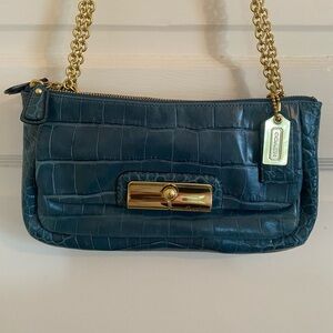 Coach Teal Croc-Embossed Leather Shoulder Bag